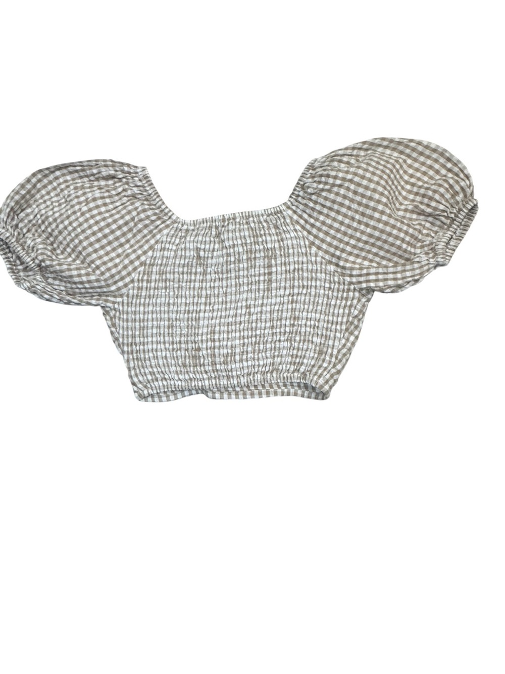 Sim & Sam Beige Gingham Puff Sleeve Crop Top Cotton Cottagecore Size Medium - Picture 7 of 9